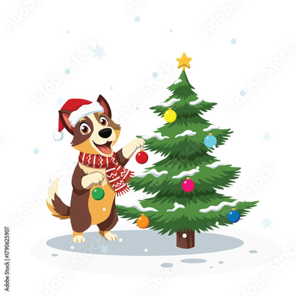 Fototapeta Dog Wearing Christmas Costume Decorating Tree in Snowy Winter Scene