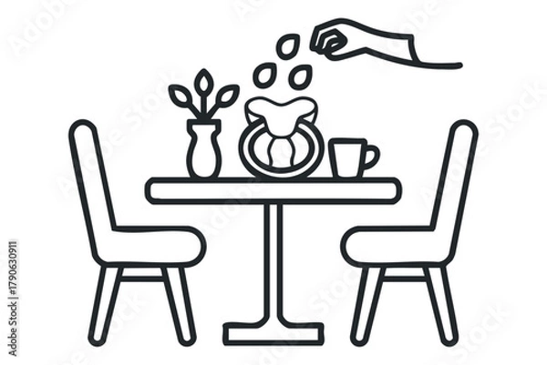 Fototapeta Line art of table setting with hand adding ingredients