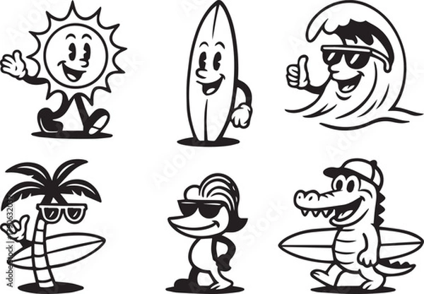 Obraz Retro Surf Cartoon Characters Set – Sun, Wave, Palm Tree, Alligator, and Surfboard Mascots.