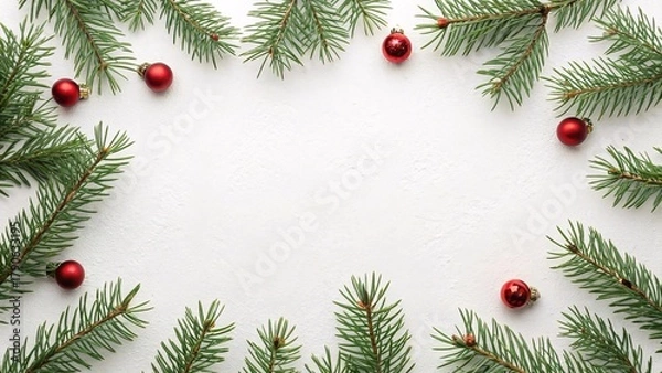 Fototapeta Festive Christmas And New Year Winter Holiday Background With Evergreen Fir Tree Branches And Red Baubles Creating A Frame For Text
