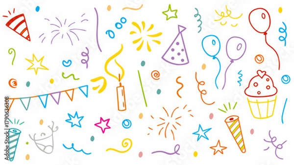 Fototapeta Line icon cute element set. Doodle line color icon, party hats, balloons, confetti, cake, candles, gifts, fireworks, stars, and streamers. Vector illustration