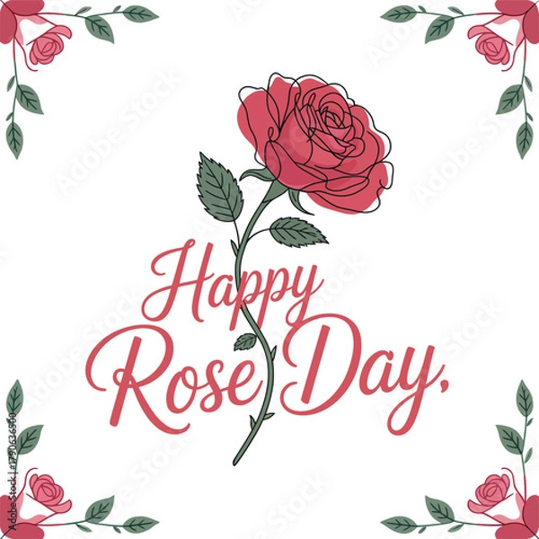 Obraz Happy Rose Day greeting with single rose and floral border
