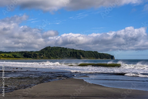 Fototapeta Waves crashing on the shore along the beautiful Russian coastline on a sunny day