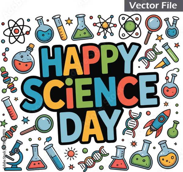 Obraz Happy Science Day with Colorful Science Icons and Rocket