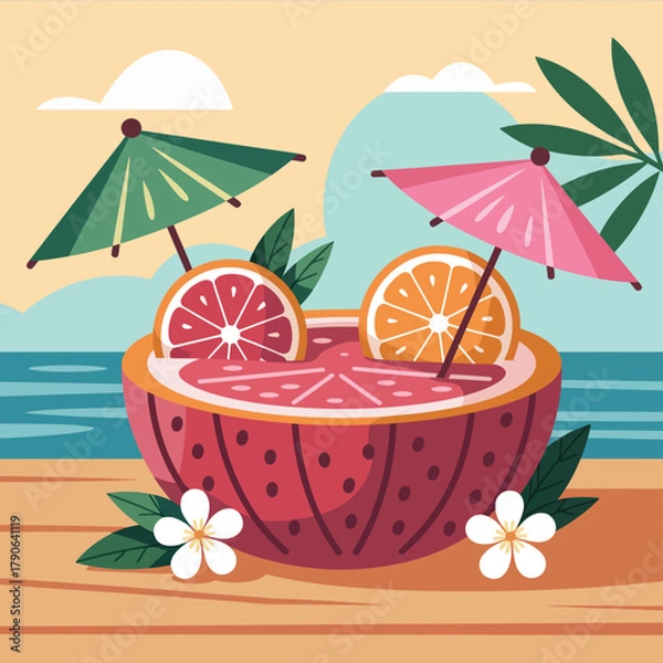 Fototapeta A refreshing summer fruit cocktail served in a grapefruit with umbrellas and flowers.
