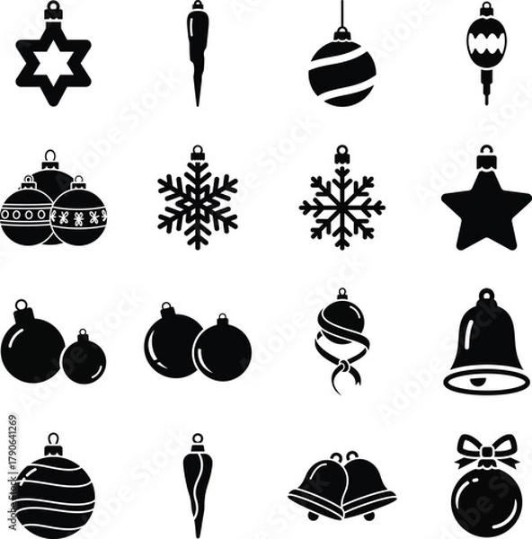 Obraz Ornament icon set for Christmas decoration with bell and snowflake
