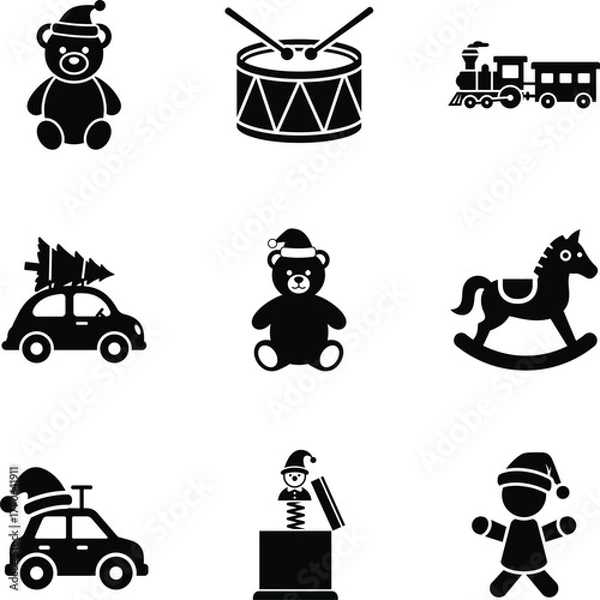 Fototapeta Toy icon set including teddy bear, drum, train, and rocking horse