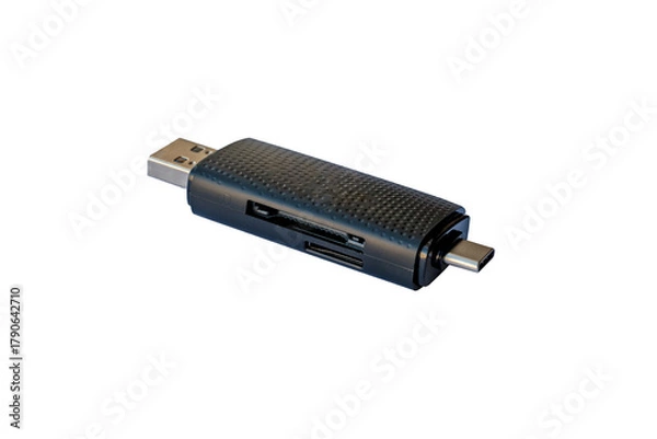Obraz Multi-functional USB card reader with USB-A and USB-C connectors, supporting SD and microSD cards for fast data transfer and portable use