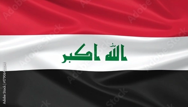 Fototapeta Iraq national flag with horizontal red, white, and black stripes, featuring green Kufic script “Allahu Akbar” — symbol of Arab unity, faith, and sovereignty.
