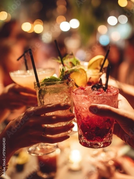 Fototapeta Friends toasting cocktails at night in bar setting close up view of drinks with bokeh lights in background