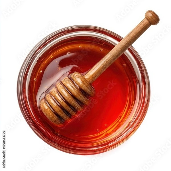 Fototapeta Overhead shot of honey in glass jar with wooden dipper on white background sweet treat healthy food ingredient
