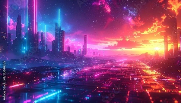 Fototapeta Glowing cityscape with towering structures, digital roads, and vibrant pink-blue gradients merging with a fiery sunset