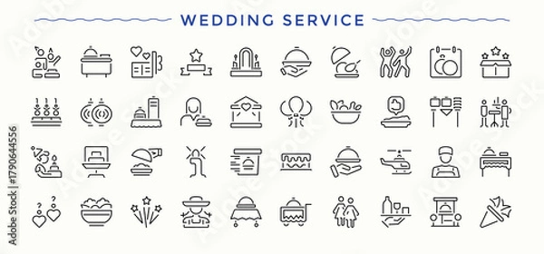 Fototapeta Wedding Service icon. Outline icons pack. Editable stroke. Vector collection. Wedding icon set. Included service, catering service, lighting services, event and more.