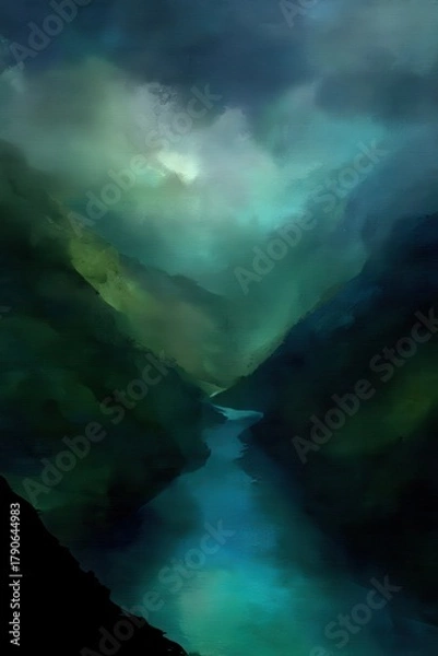 Fototapeta River flows through a deep canyon landscape painting with dramatic light and shadow in a vertical format