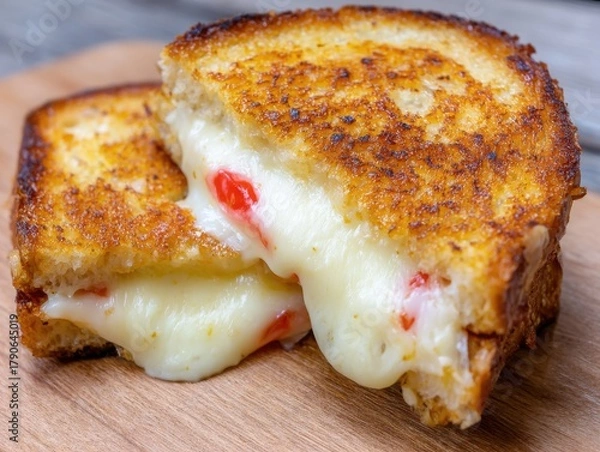Fototapeta Close-up of Grilled Cheese Sandwich with Melted Cheese Pulling, Studio Shot on Wooden Board, Delicious Comfort Food
