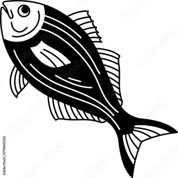 Fototapeta Solid line drawing of a fish, suitable for seafood menus, healthy eating, and marine themes.