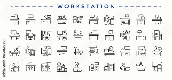 Fototapeta Workstation line icon set. Featuring work place, office, place and more. Place linear icon set. Thin web icons. Editable stroke.