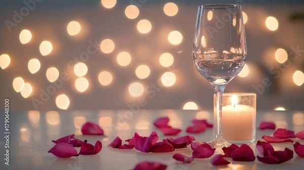 Fototapeta Romantic table setting with candle and wine