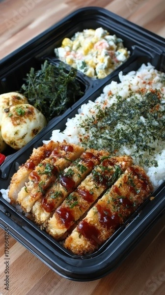Obraz Bento box with tonkatsu rice seaweed salad and egg rolls overhead shot on wooden table in natural light