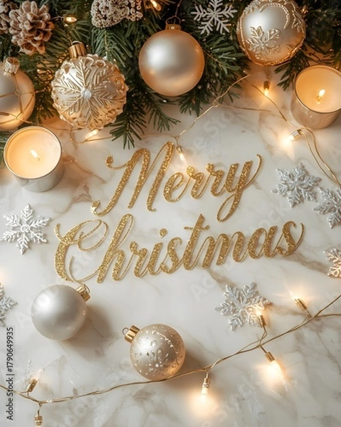 Obraz Golden Christmas Ornaments and Lights with Merry Christmas Text
