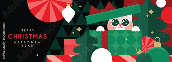 Fototapeta Christmas banner in contemporary flat minimalist style with cute cat in a gift box. Design for Holiday banner, advent calendar or greeting card. Vector illustration 