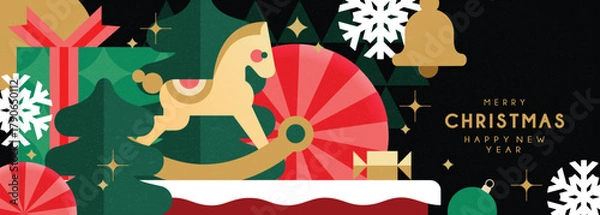 Fototapeta Christmas banner in contemporary flat minimalist style with rocking horse. Design for Holiday banner, advent calendar or greeting card. Vector illustration 