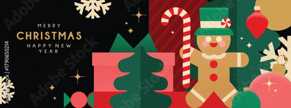 Fototapeta Christmas banner in contemporary flat minimalist style with merry gingerbread man. Design for Holiday banner, advent calendar or greeting card. Vector illustration 