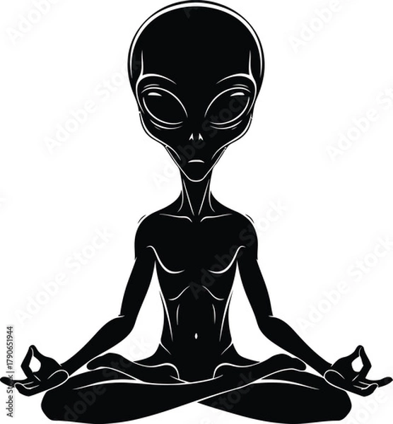 Fototapeta Black silhouette of an alien in a meditative yoga pose with hands in mudra on a white background