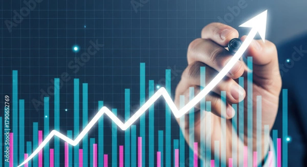 Fototapeta Hand Drawing Upward Trend Line on Financial Stock Market Chart.