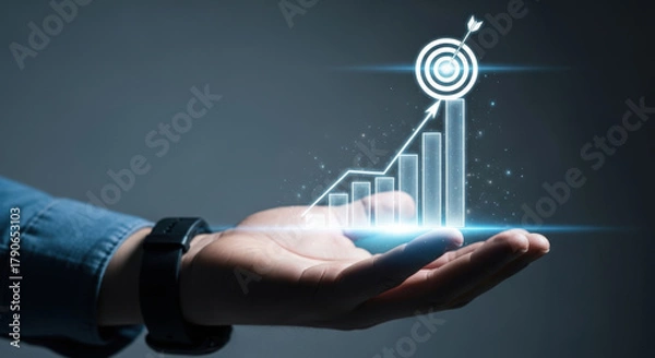 Fototapeta Hand Holding Futuristic Business Growth Chart and Target.
