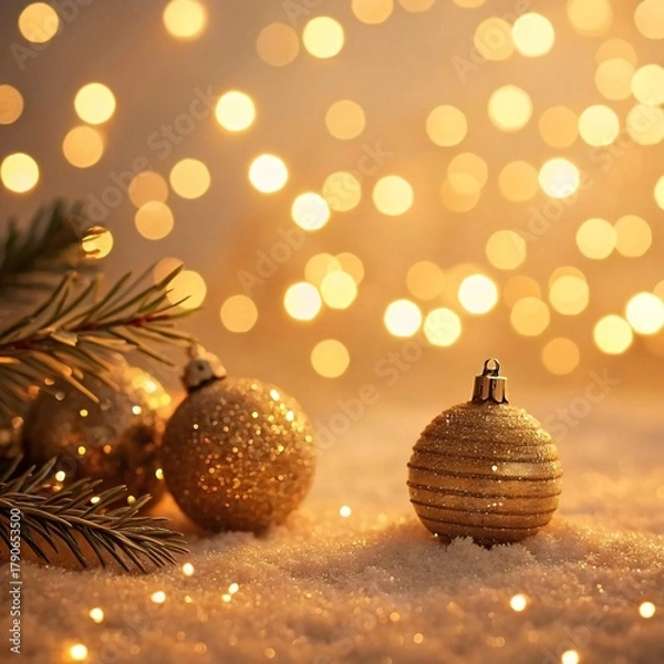 Fototapeta Golden Christmas Ornaments and Twinkling Lights Create a Magical Holiday Background Scene