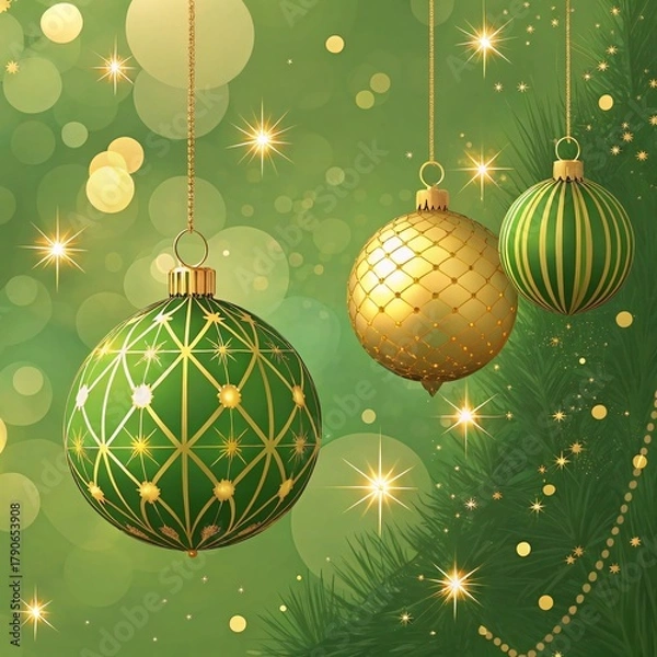 Fototapeta Festive Green Christmas Tree Ornaments with Golden Sparkles and Soft Bokeh Lights Celebrating the Holiday Season