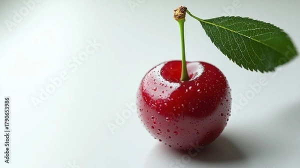 Obraz Single cherry with leaf on white