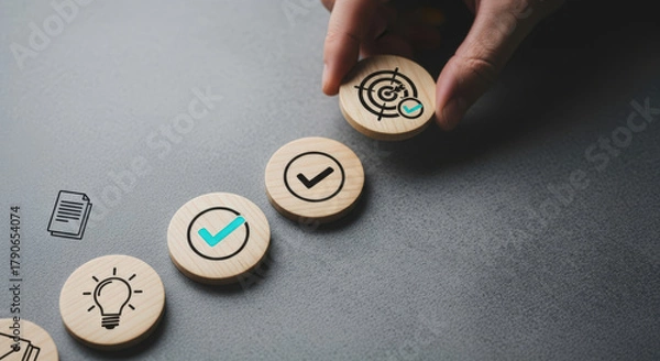 Obraz Hand placing target icon on wooden discs, symbolizing goal achievement and success.