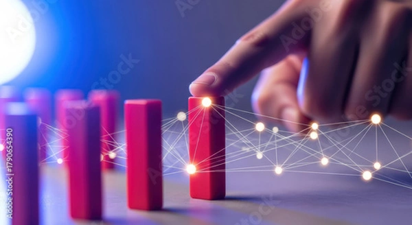 Obraz Hand Pushing Dominoes, Business Strategy and Connection Concept.