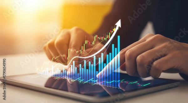 Fototapeta Hands Analyzing Financial Growth Chart on Tablet Screen.