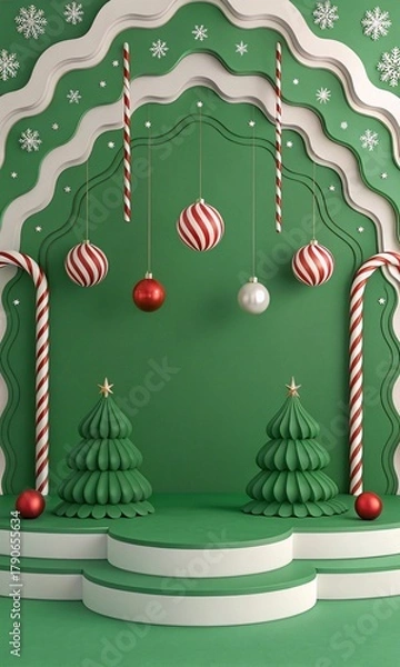 Fototapeta Festive Christmas New Year Green Background With Ornaments Trees Candy Canes And Snowflakes Decor