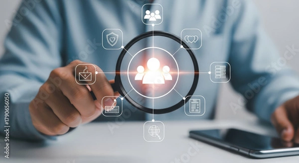 Obraz Magnifying Glass Focuses on Digital Human Resources Icons.
