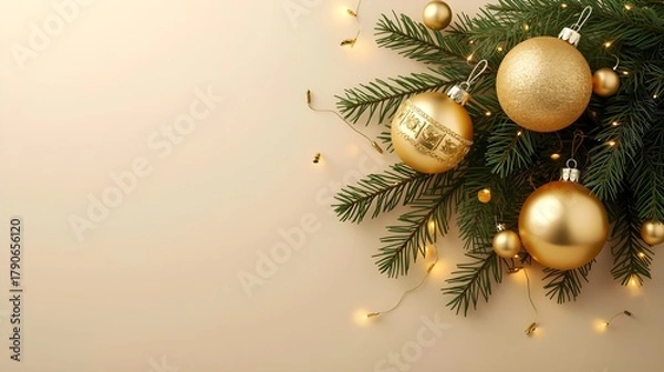 Fototapeta Christmas Background with Gold Baubles, Pine Branch, and Twinkle Lights