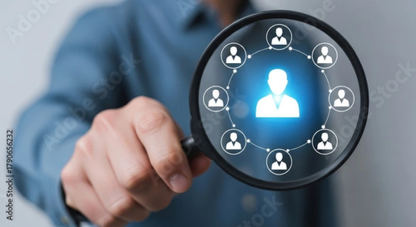 Obraz Magnifying Glass Focuses on Teamwork and Human Resources.