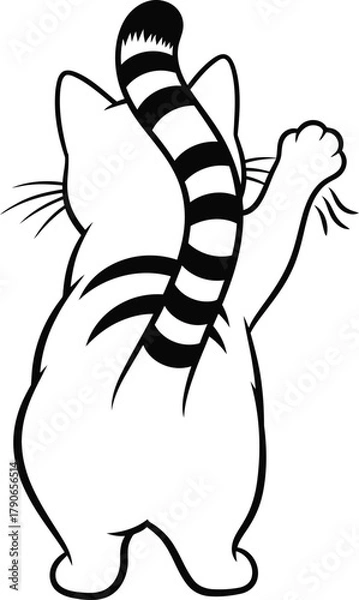 Fototapeta Playful cartoon cat with striped tail raised in surprise or greeting gesture