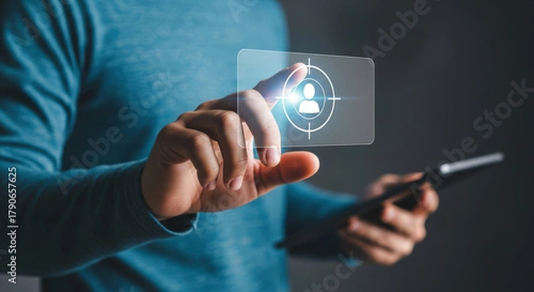 Fototapeta Person Targeting Digital User Interface on Futuristic Screen.