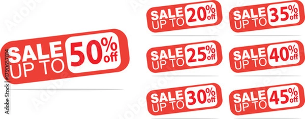 Fototapeta Discount Tags Vector Set, Popup Sale Up To, 50, 20, 35, 25, 40, 30, 45 Off, Red Rounded EPS Design