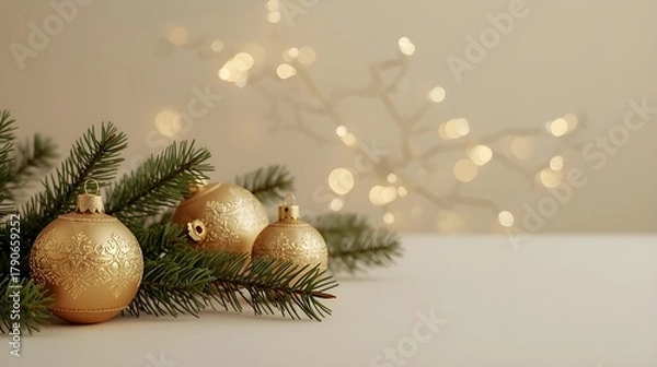 Fototapeta Christmas Composition with Gold Baubles and Fir Branch on Beige Background