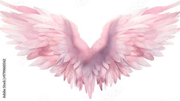 Fototapeta Soft pink watercolor angel wings with delicate feathers, hand-painted in pastel tones and isolated on a white background. Elegant fantasy illustration perfect for romantic designs, spiritual art