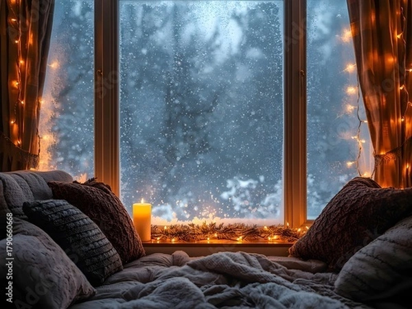Fototapeta Cozy Winter Window with Blankets and Snow Outside
