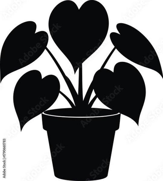 Fototapeta Simple black silhouette of a potted houseplant with heart shaped leaves on a white background