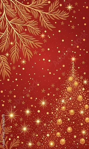 Obraz Elegant Golden Christmas Tree and Fir Branches on a Rich Red Background with Sparkling Festive Elements