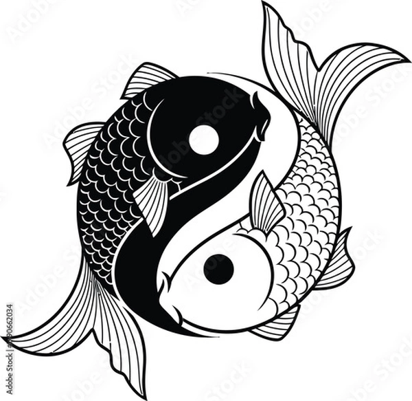 Fototapeta Stylized black and white yin yang symbol formed by two intertwined fish swimming in a circle