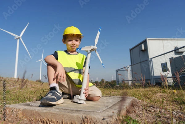Fototapeta Children are running on a natural energy farm such as windmills and electricity.